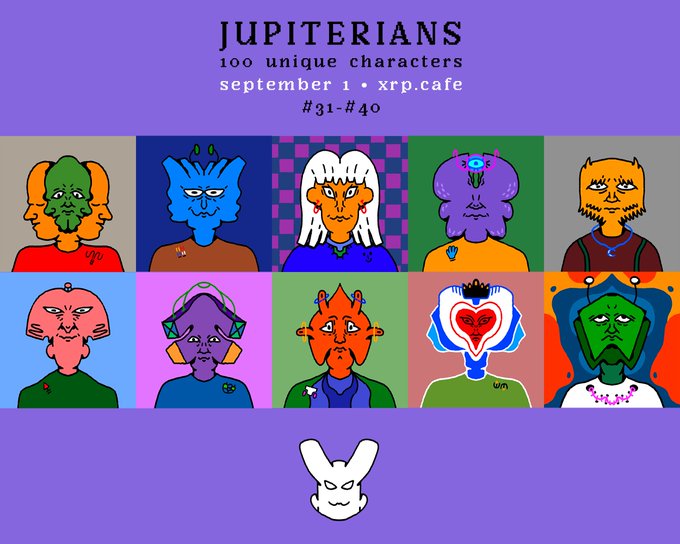 A purple promotional graphic titled 'JUPITERIANS' featuring '100 unique characters' releasing 'september 1' on 'xrp.cafe', showing characters #31-#40 and a white rabbit logo.