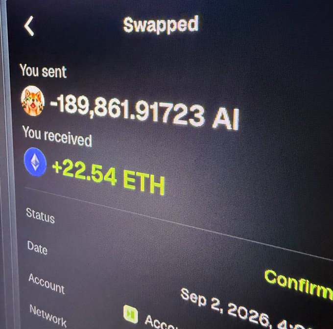 A crypto wallet swap confirmation screen shows the user sending -189,861.91723 $AI tokens and receiving +22.54 ETH, dated Sep 2, 2026, with a "Confirm" button visible. The image serves as proof of a successful $AI to ETH swap, reinforcing the post's claim about the token's value by demonstrating its use in a real exchange.