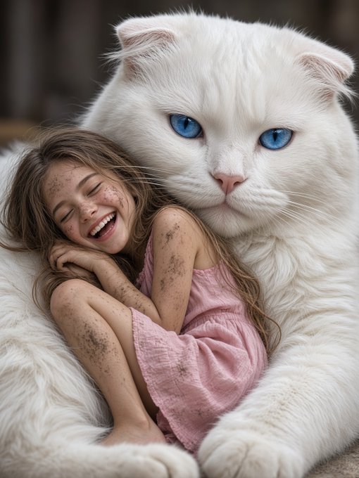 Digital artwork of a smiling young girl with freckles hugging a large fluffy white cat with bright blue eyes.