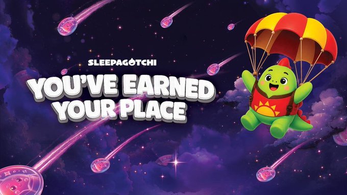 A promotional graphic for 'SLEEPAGOTCHI' featuring a green dinosaur character parachuting through a starry purple sky with text 'YOU'VE EARNED YOUR PLACE'.