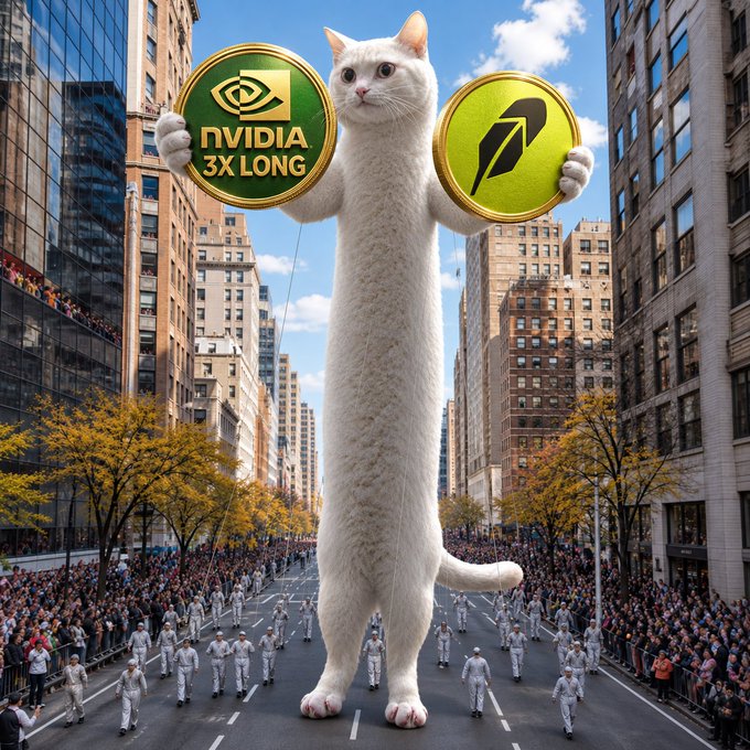 A surreal image of a giant white cat holding NVIDIA and Robinhood coins while standing on a city street with a parade below.