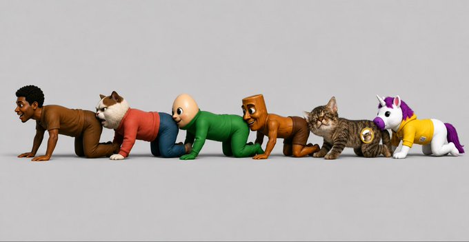 A 3D rendered image showing a line of characters in a crawling pose, including humans, a cat, a bald figure, and figures with cartoon-like heads wearing colorful outfits, all arranged horizontally against a gray background.