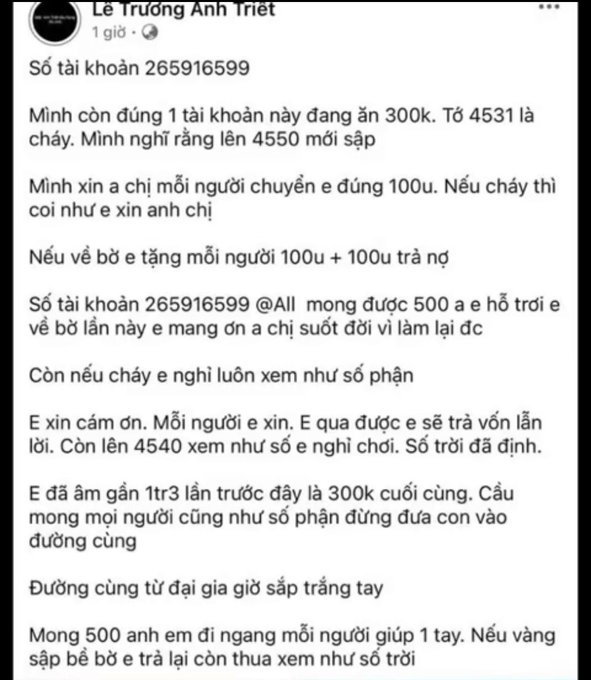 A Vietnamese social media post by 'Lê Trường Anh Triết' requesting financial help, mentioning account number 265916599 and asking for 100k transfers.