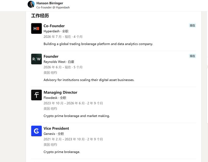 The image shows the work experience section of a LinkedIn profile for Hanson Birringer, listing his roles as Co-Founder at Hyperdash, Founder at Reynolds West, Managing Director at Flowdesk, and Vice President at Genesis, all focused on crypto prime brokerage and digital asset businesses. This relates to the accompanying post by highlighting Birringer's extensive background in crypto trading infrastructure, which lends credibility to Hyperdash's (@hypurrdash) strong second-place ranking in perpetual contract trading volume within the Interface track.