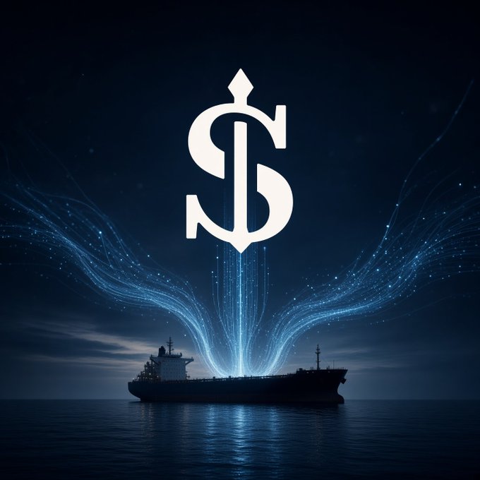 A digital artwork featuring a glowing white dollar sign emblem above a cargo ship on dark waters, with ethereal blue light streams radiating upward into the night sky.