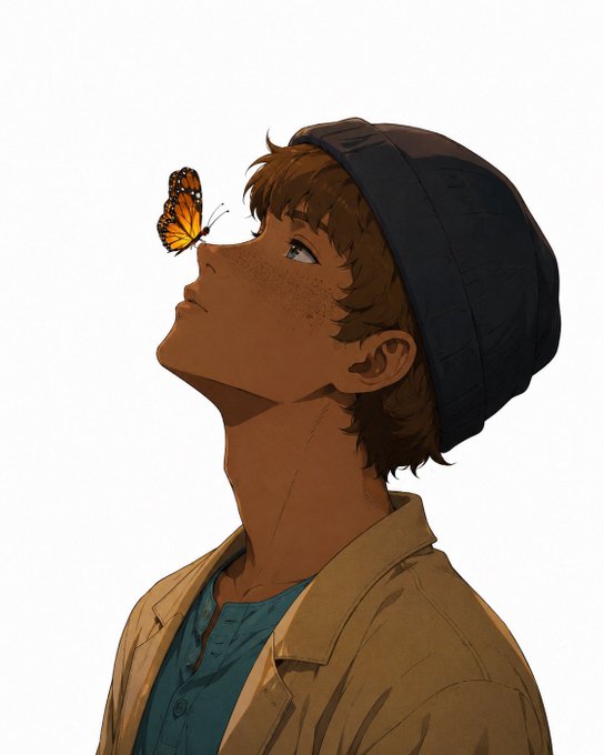 An anime-style illustration of a young boy with brown hair wearing a black beanie, looking up at a small orange and black butterfly resting on his nose.