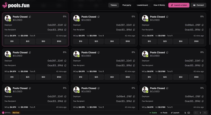 A screenshot from pools.fun displaying multiple 'Pools Closed' entries with various wallet addresses, all showing 0% progress, $4.97K market cap, and transaction values of $0.0189.