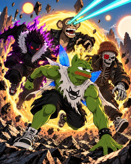 A vibrant, action-packed illustration depicting a muscular green-skinned frog-like creature charging forward, accompanied by a laser-eyed monkey, a flaming shadowy figure, and a skeletal character with a beanie.