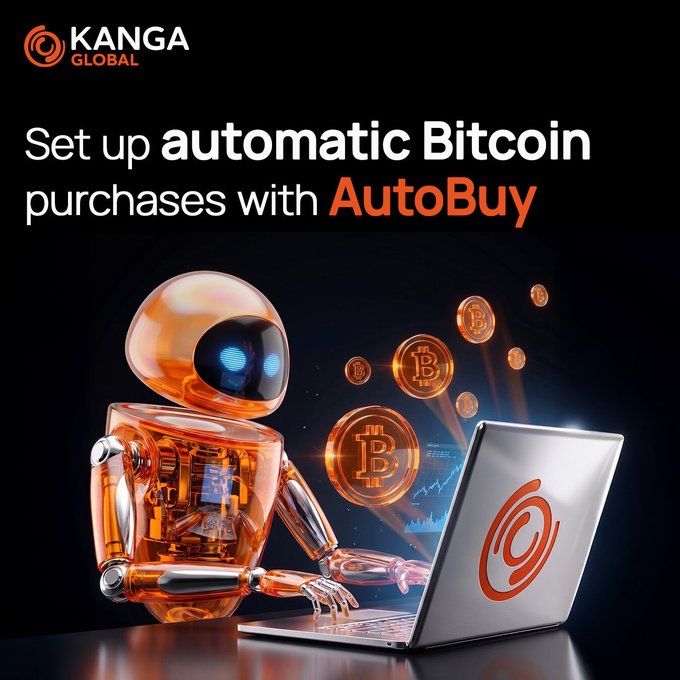 The image is a promotional graphic for Kanga Global featuring an orange, translucent robot at a laptop, with Bitcoin coins emerging from the screen, alongside the text "Set up automatic Bitcoin purchases with AutoBuy." This visual reinforces the post's message by depicting the AutoBuy feature as a hands-off, automated process—symbolized by the robot doing the trading work for you—so users can accumulate Bitcoin without constantly monitoring the charts.