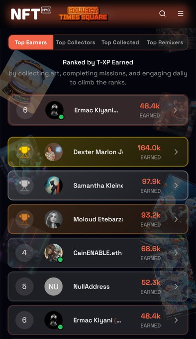 Mobile screenshot of the NFT NYC Times Square Collect leaderboard showing Top Earners ranked by T-XP, including Dexter Marlon Jr (164.0k), Samantha Kleine (97.9k), Moloud Etebarz (93.2k), and CainENABLE.eth (68.6k).