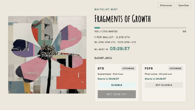 A screenshot of an NFT whitelist mint page for "Fragments of Growth," showing 100/1,700 minted at 0.019 ETH per wallet, with a countdown timer of 03:29:37 until the WL mint begins. The post references the 1,600 remaining pieces at 0.019 ETH each from this 1,700-piece collection, noting only 100 have already been claimed during the presale.