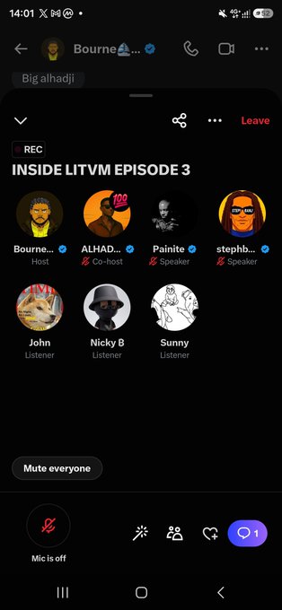 A screenshot of a Twitter Spaces audio chat titled 'INSIDE LITVM EPISODE 3' with hosts and speakers including Bourne, ALHAD, Painite, and steph, alongside listeners John, Nicky B, and Sunny.