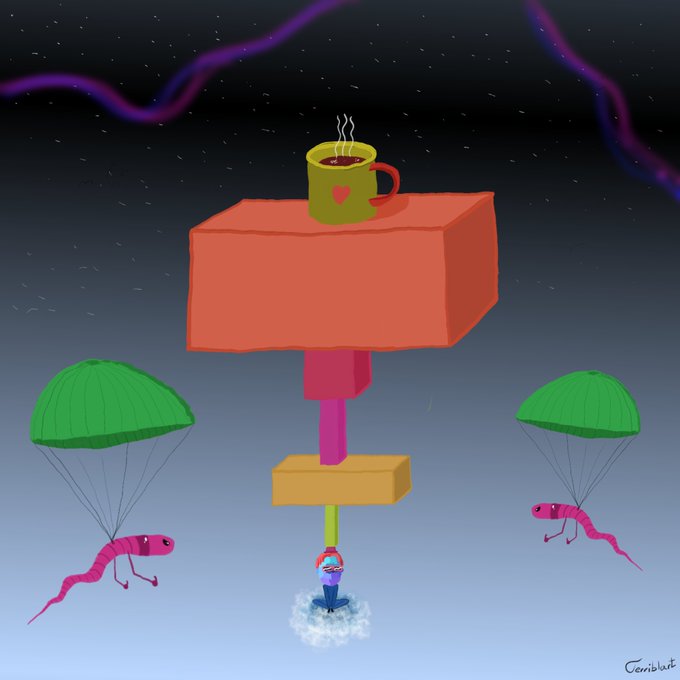 A surreal digital illustration of a girl balancing on a floating platform with a steaming coffee mug on top, surrounded by parachuting lizards against a starry sky, signed 'Ceriblart'.
