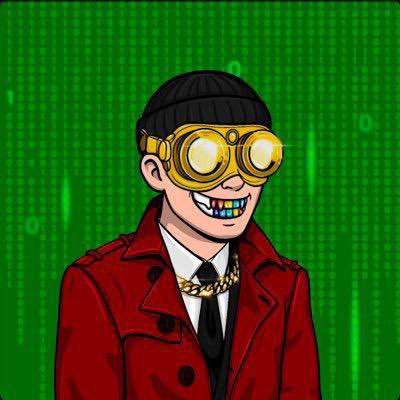 A digital illustration of a cartoon character wearing a black beanie, yellow goggles with glowing lenses, a red coat, white shirt, black tie, and a gold chain, grinning widely against a green digital matrix-style background.