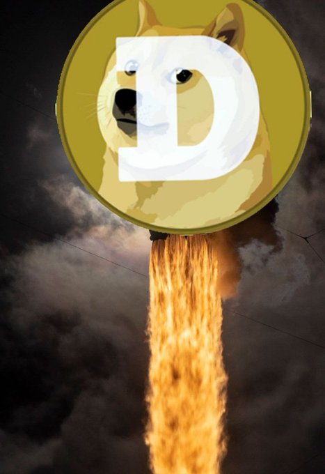 The Dogecoin logo, a Shiba Inu dog face with a large letter 'D' overlaid, depicted as a rocket with flames shooting downward against a dramatic cloudy sky, symbolizing the cryptocurrency's price surge.