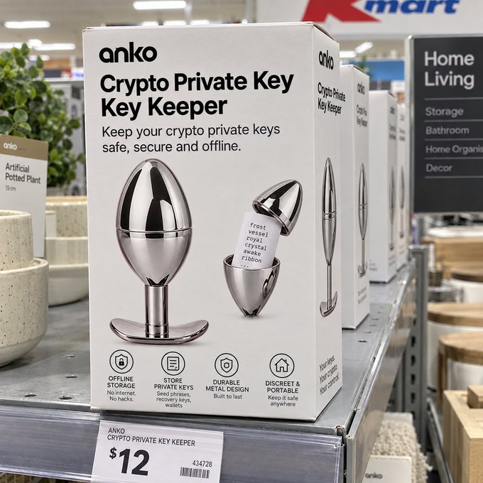 A retail display in a Kmart store showing boxes for the 'anko Crypto Private Key Key Keeper' priced at $12, featuring a silver egg-shaped storage container.
