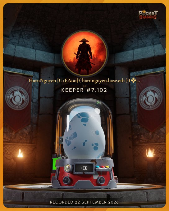 A digital art collectible from 'Pocket Dragons' showing Keeper #7,102, an ice-type egg, owned by HaruNguyen (harunguyen.base.eth), recorded 22 September 2026.
