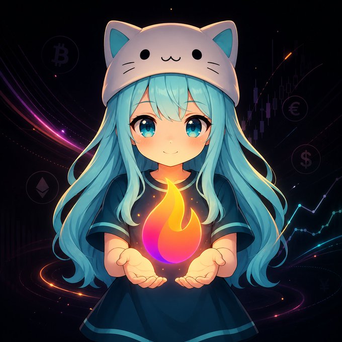 The image features a girl with blue hair wearing a cat-themed hat, holding a flame that appears to be a firework or a sparkler. The background of the image is dark, which contrasts with the bright colors of the flame she's holding. In the corner of the image, there are several Bitcoin logos and symbols, indicating an association between the girl and cryptocurrency markets.