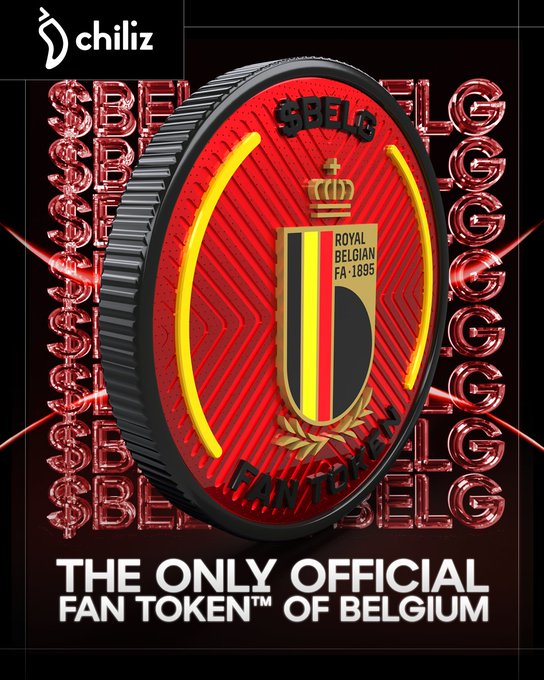 The image features a large, red and yellow coin with a black border that has the Belgian flag emblem on it. The coin is placed against a dark background, making it stand out prominently. Below the coin, there's text that reads "The only official Fan Token" of Belgium, which suggests that this coin is a fan token for Belgium fans.