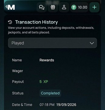 A 'Transaction History' screen showing a played wager with a payout of '5 XP', status 'Completed', dated '07:18 PM 19/09/2026'.