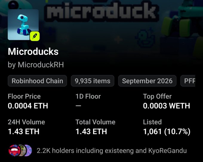 The image displays an NFT collection page for "Microducks" by MicroduckRH on Robinhood Chain, showing a floor price of 0.0004 ETH, a top offer of 0.0003 WETH, and 2.2K holders. This supports the post's claim of "degen" NFT trading by providing the collection's key metrics, including its 9,935 items, low ETH pricing, and modest 24H volume of 1.43 ETH.