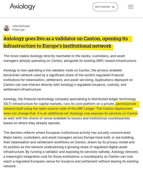 A screenshot of an Axiology blog post titled "Axiology goes live as a validator on Canton, opening its infrastructure to Europe's institutional network," authored by Julija Mačiulskė, announcing that Axiology now operates as a live validator node on the Canton Network while its core platform remains on the private, permissioned XRPL-based network—aligning with the post highlighting Axiology's XRPL-based infrastructure gaining an additional rail via Canton.