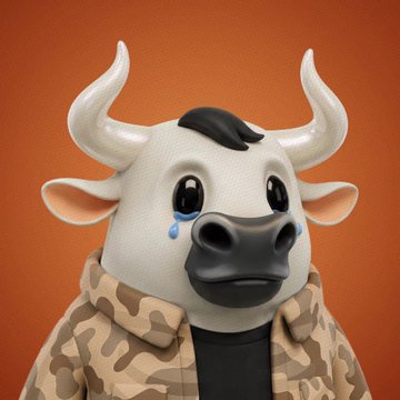 A 3D rendered character with a white cow/buffalo head, horns, crying blue eyes, and a camouflage jacket against an orange background.