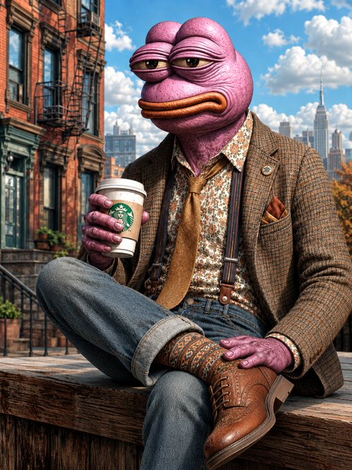 urn of coffee sits on a wooden bench, accompanied by a mannequin dressed in a suit and tie, with a city skyline backdrop.