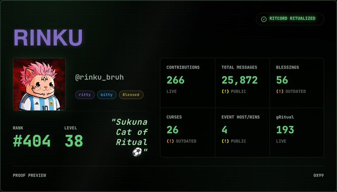 A digital profile card for 'RINKU' (@rinku_bruh), rank #404, level 38, with tags 'ritty', 'bitty', and 'Blessed', showing stats like 266 contributions and 25,872 total messages, featuring a pink cat avatar.