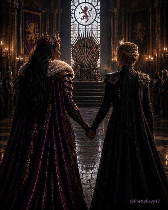 The image features two women dressed in royal purple and black gowns, standing together with their hands clasped. They are positioned in front of a throne room or a throne-like structure, which could be a castle or a palace. The setting suggests that they might be attending a formal event or participating in a historical reenactment.