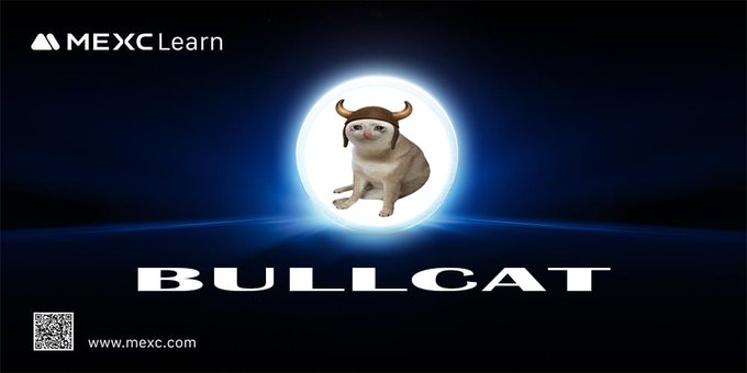 The image promotes MEXC Learn featuring "$BULLCAT," showing a cat with bull horns inside a glowing blue orb against a dark background, with "MEXC Learn," "BULLCAT," a QR code, and "www.mexc.com" displayed as key text. It visually represents the educational announcement about BULLCAT's official listing on MEXC.