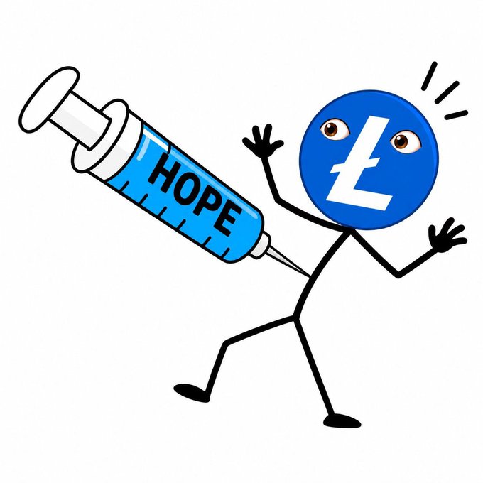 A cartoon illustration of a blue Litecoin character being injected with a large syringe labeled "HOPE", symbolizing optimism for the cryptocurrency.