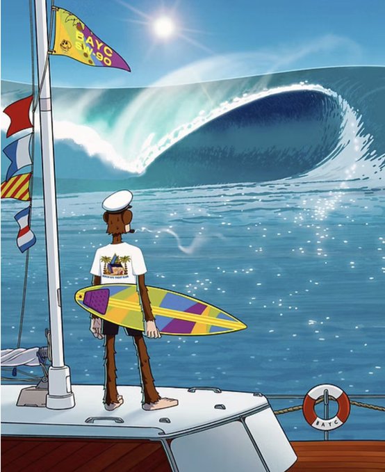 A colorful digital artwork depicting a character in a sailor hat holding a surfboard while standing on a boat, facing a massive ocean wave under a bright sun, with a 'BAYC' flag flying above.