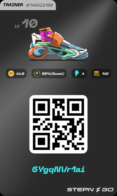A Step'N Go trainer profile card (#149922108) at Level 10 showing colorful sneakers with stats (44.0 coins, 80% Quest, 4 energy, 14D) and a QR code for joining.