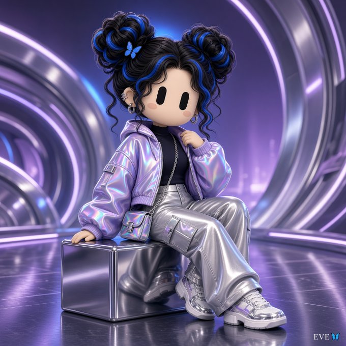 A stylized 3D doll-like figure with black hair in blue-streaked buns sits on a metallic case in a futuristic purple-lit corridor, wearing an iridescent jacket and silver pants; “EVE” appears at bottom right.
