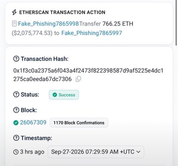 An Etherscan transaction action shows a transfer of 766.25 ETH (worth $2,075,774.53) from address "Fake_Phishing7865998" to "Fake_Phishing7865997," labeled with transaction hash 0x1f3c0a2375a6f043a4f2473f822398587d9af5225e4dc1275ca0eeda67dc7306 and confirmed successful in block 26,067,309. The visible "Fake_Phishing" naming convention directly illustrates the post's point about how scammers impersonated the GIWA blockchain using its real Chain ID (9134) to execute a convincing phishing theft.