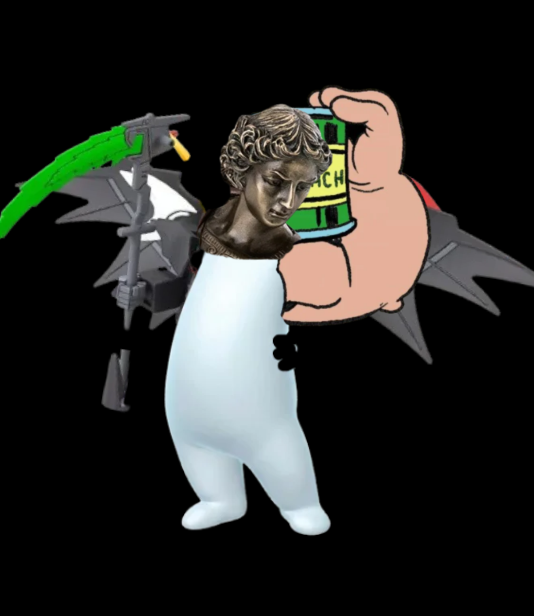 A surreal digital composition features a classical bronze-style statue head with laurel wreath atop a soft white blob body, set against a black background with cartoonish muscular arms, a bat-like dragon wing, a green-striped spear, and a can labeled "BUNCH" behind it — visually representing the chaotic, sleep-paralysis-inspired creativity mentioned in the post, which notes deployment is paused while the artist works on the project exclusively for "sweet curse holders."