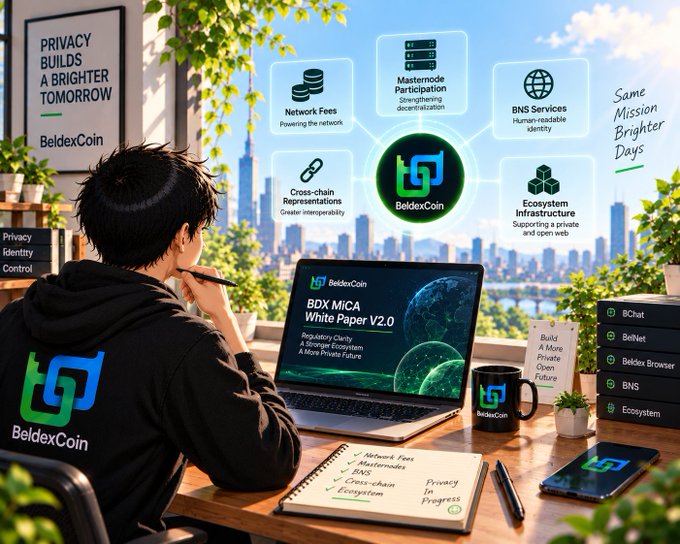 A promotional graphic for BeldexCoin showing a person at a laptop displaying 'BDX MICA White Paper V2.0,' surrounded by network features like 'Masternode Participation,' 'BNS Services,' and 'Cross-chain Representations,' with the tagline 'Privacy Builds a Brighter Tomorrow.'