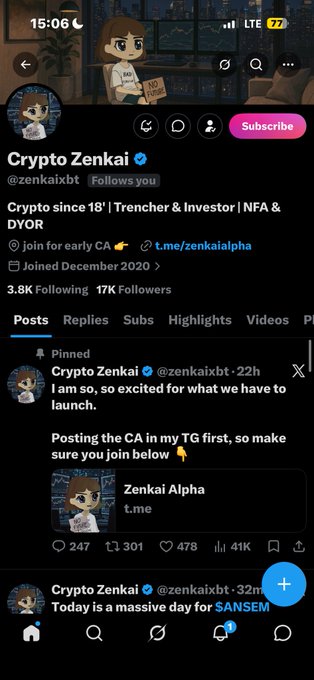 A Twitter/X profile for 'Crypto Zenkai' (@zenkaixbt), a crypto trader with 17K followers, showing a pinned tweet about launching with a Telegram link to 'Zenkai Alpha'.