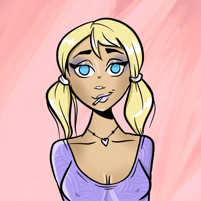 A cartoon-style illustration depicts a blonde woman with blue eyes and pigtails wearing a purple top and heart necklace, with a small purple object in her mouth, set against a pink background.