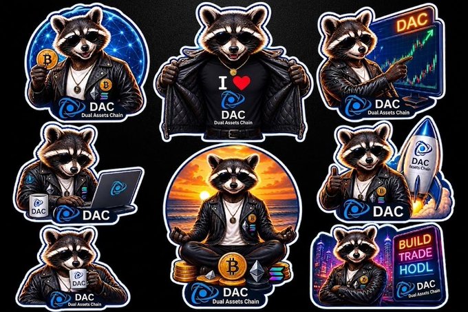 The image showcases a collection of seven original DAC-themed stickers featuring an anthropomorphic raccoon mascot representing Dual Assets Chain (DAC), depicted in various crypto-related scenarios such as holding Bitcoin, analyzing trading charts, working on a laptop, riding a rocket, meditating with crypto coins, and posing with the slogan "BUILD TRADE HODL." Each sticker prominently displays the DAC logo and "Dual Assets Chain" branding, aligning with the post's announcement of a creative sticker pack celebrating the @dac_chain community.