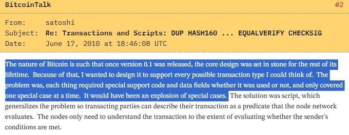 A screenshot of a BitcoinTalk forum post by 'satoshi' dated June 17, 2010, titled 'Re: Transactions and Scripts: DUP HASH160 ... EQUALVERIFY CHECKSIG', with highlighted text about Bitcoin version 0.1's core design and script-based solutions.