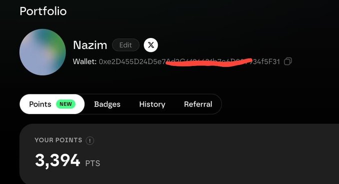 A portfolio screenshot for user "Nazim" showing a wallet address (partially redacted) and a points balance of 3,394 PTS on the "Points" tab, visually supporting the post's claim about accumulating Axis Hub points.