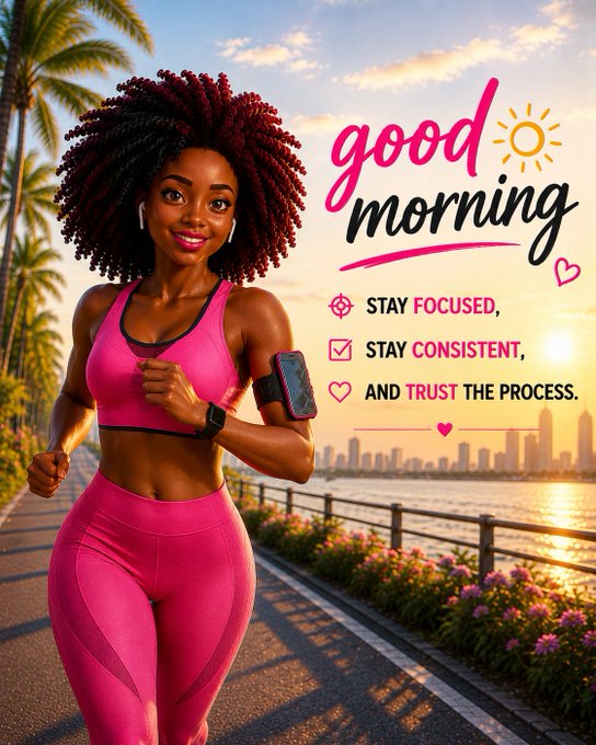 The image features a woman running down a street with palm trees behind her. The background of the photo shows a city skyline at sunset, creating an atmosphere of relaxation and leisure. Below the woman's head, there are two lines of text that read "Good morning" and "Stay focused, stay consistent, and trust the process". These phrases emphasize the importance of maintaining focus on one's goals while also being consistent in their efforts to achieve them.

The image is related to a post about running or fitness because it showcases an active lifestyle and the benefits of exercise. The woman running down the street serves as an example of someone who values physical activity and incorporates it into her daily routine, which can be inspiring for others looking to adopt a healthier lifestyle.