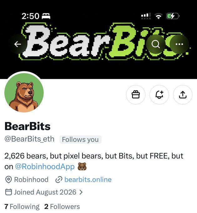 The image shows the X (Twitter) profile page for **@BearBits_eth**, displaying the account name "BearBits," a pixelated bear avatar, the bio "2,626 bears, but pixel bears, but Bits, but FREE, but on @RobinhoodApp 🐻," and stats showing **7 Following** and only **2 Followers**—confirming the post's claim that the project was shilled at just 2 followers. The page lists their website (bearbits.online) and notes they joined in August 2026, aligning with the "early alpha call" promotion highlighting a supply of 2,626 on the Robinhood chain.