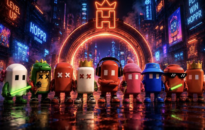 A vibrant cyberpunk-style artwork featuring a lineup of colorful pill-shaped cartoon characters in various outfits including crowns, headphones, and sunglasses, with neon signs reading 'HOPPR STUDIO' and 'LEVEL UP' in the background.