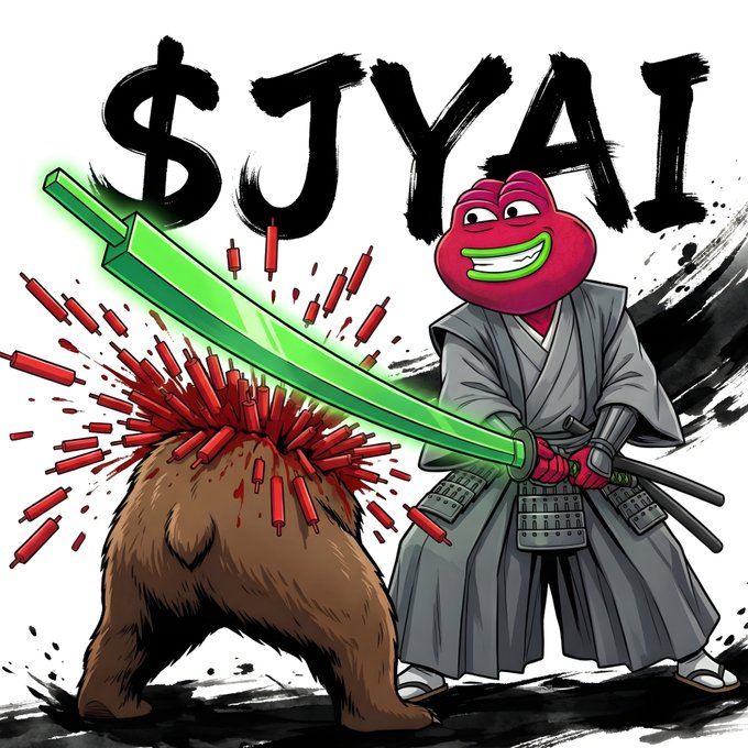 The image depicts a cheerful red-faced samurai wielding a glowing green katana while slicing a bear riddled with red candles, with bold brushstroke text reading "$JYAI" above—visually representing the bullish call to "slice the bears" and "swing the green katana." The green blade and defeated bear symbolize breaking through bearish resistance on the JYAI chart.