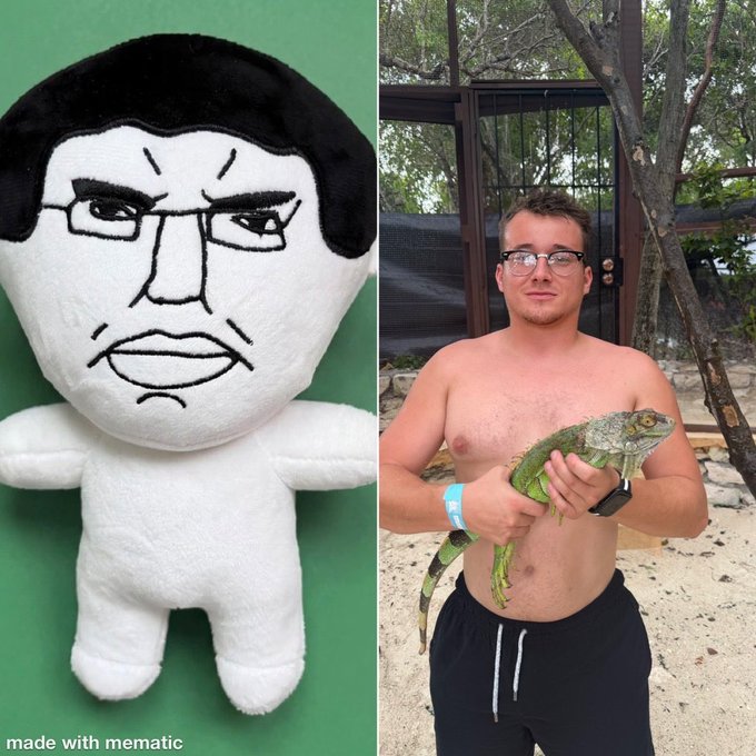 A split image showing a poorly sewn plush doll with an angry face next to a photo of a young man with glasses holding an iguana at what appears to be a zoo.