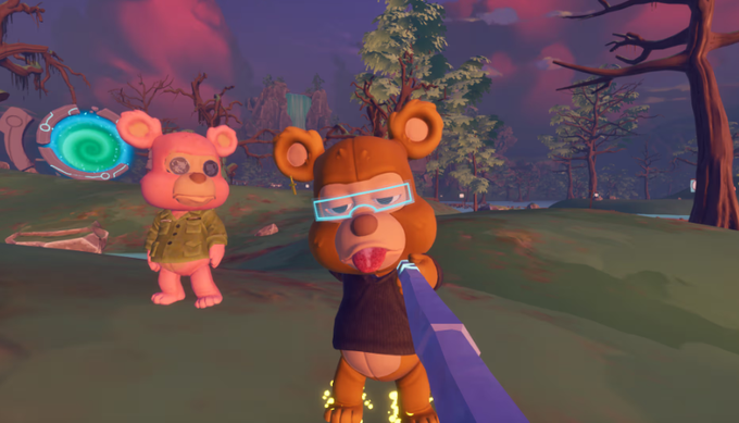 A screenshot from a video game featuring two cartoonish teddy bear characters in a forest environment, with the closer bear wearing blue glasses and standing on a blue object.
