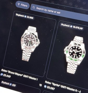 A screen displays two Rolex GMT-Master I watches labeled "Bruce Wayne" and "Sprite" with their respective payback amounts.